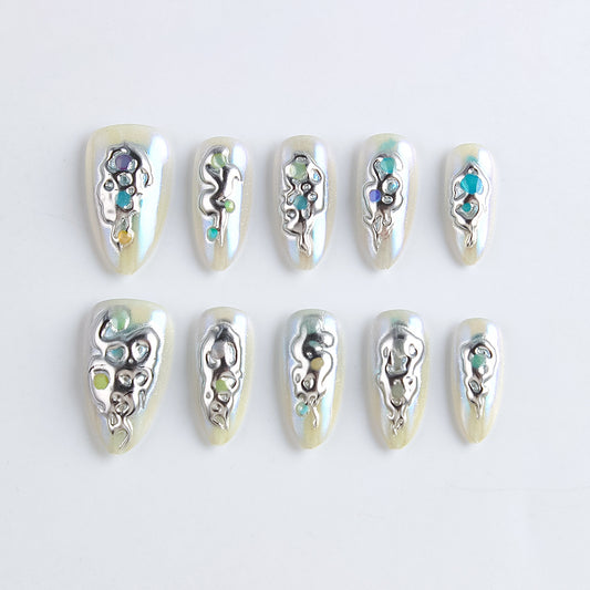 Celestial Elegance Long Almond Shaped Iridescent Silver Press On Nail Set with Stunning Gemstone Accents