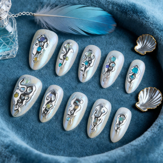 Oceanic Elegance Long Almond Iridescent White Nail Set with Unique Metallic Design