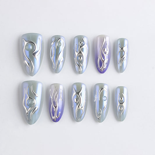 Celestial Glow Long Almond Shaped Iridescent Blue and Silver Press On Nail Set with Unique Curvy Design