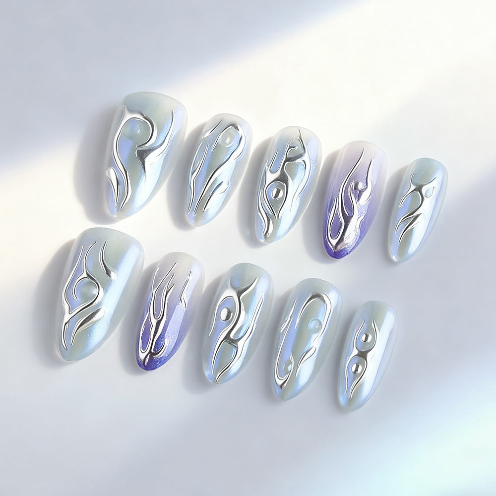 Mystical Flare Long Almond Shaped Iridescent Purple and Silver Nail Set with Unique Wave Design