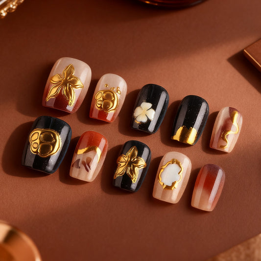 Elegant Autumn Inspired Press On Nail Set Short Square Shaped Warm Earth Tones with Unique Gold Accents