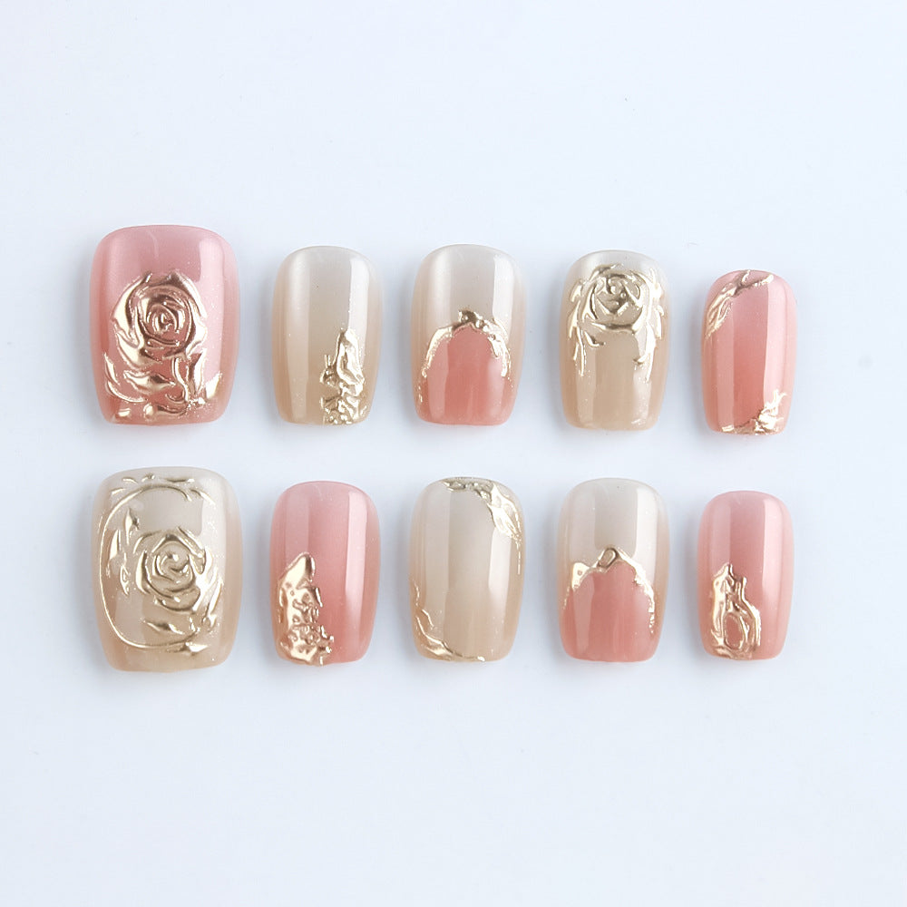 Elegant Rose Garden Short Square Pink and Beige Press On Nail Set with Gold Detailing