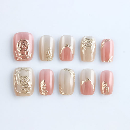 Elegant Rose Garden Short Square Pink and Beige Press On Nail Set with Gold Detailing