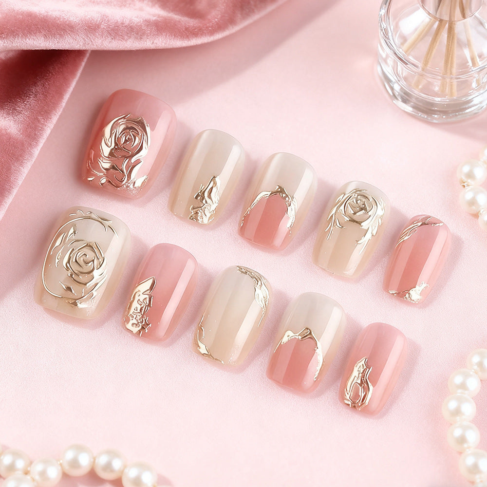 Enchanted Floral Press-On Nail Set Short Square Beige Pink Shimmering Rose Design