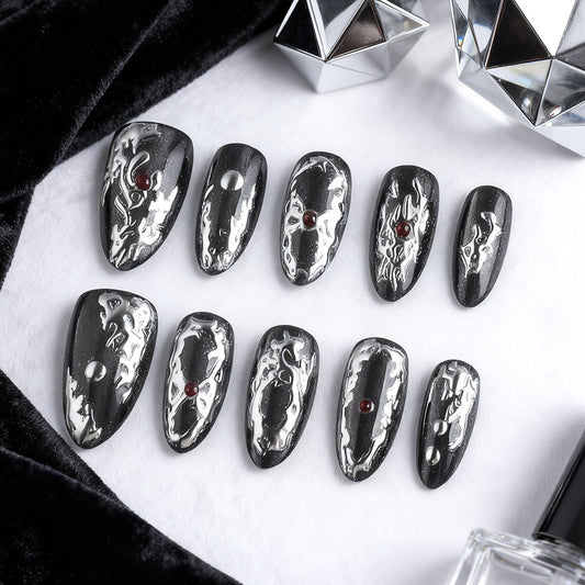 Cosmic Elegance Long Almond Shaped Shiny Black Nails with Unique Metallic Marble Design