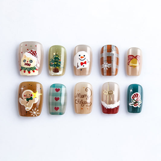 Holiday Cheer Square Short Festive Green Red Beige with Whimsical Christmas Art