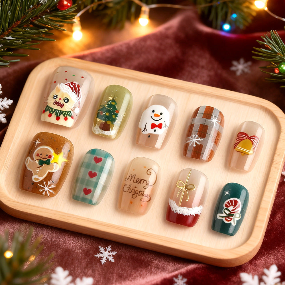 Festive Winter Wonderland Short Square Red and Green with Whimsical Holiday Designs Press-On Nail Set