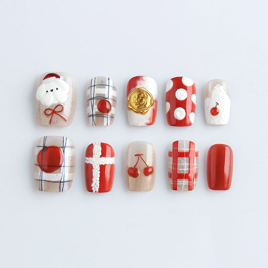 Festive Joy Red Short Square Nail Set with Whimsical Holiday Designs