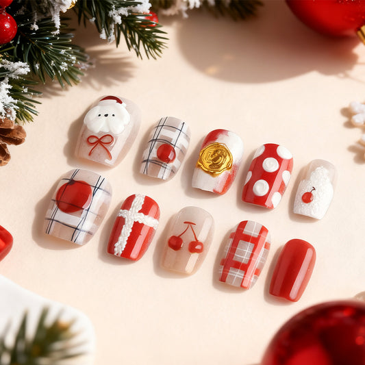 Festive Elegance Short Square Red and White with Whimsical Holiday Patterns Press On Nail Set
