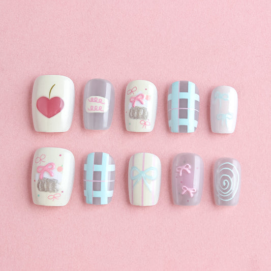 Whimsical Gift Theme Short Square Pastel Multi-Colored with Adorable Dessert and Ribbon Designs Nail Set