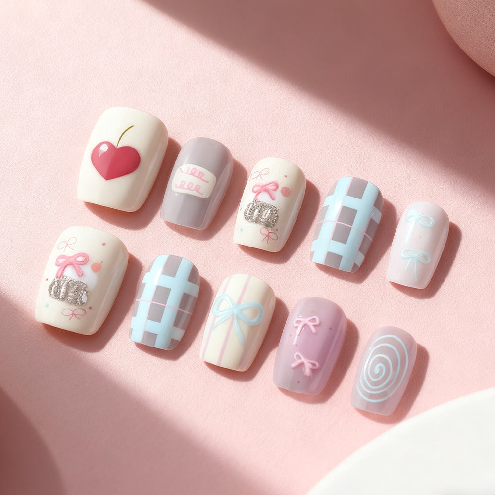 Sweet Surprise Short Square Pastel Nails with Charming Ribbon and Heart Designs