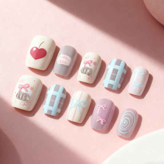 Sweet Surprise Short Square Pastel Nails with Charming Ribbon and Heart Designs