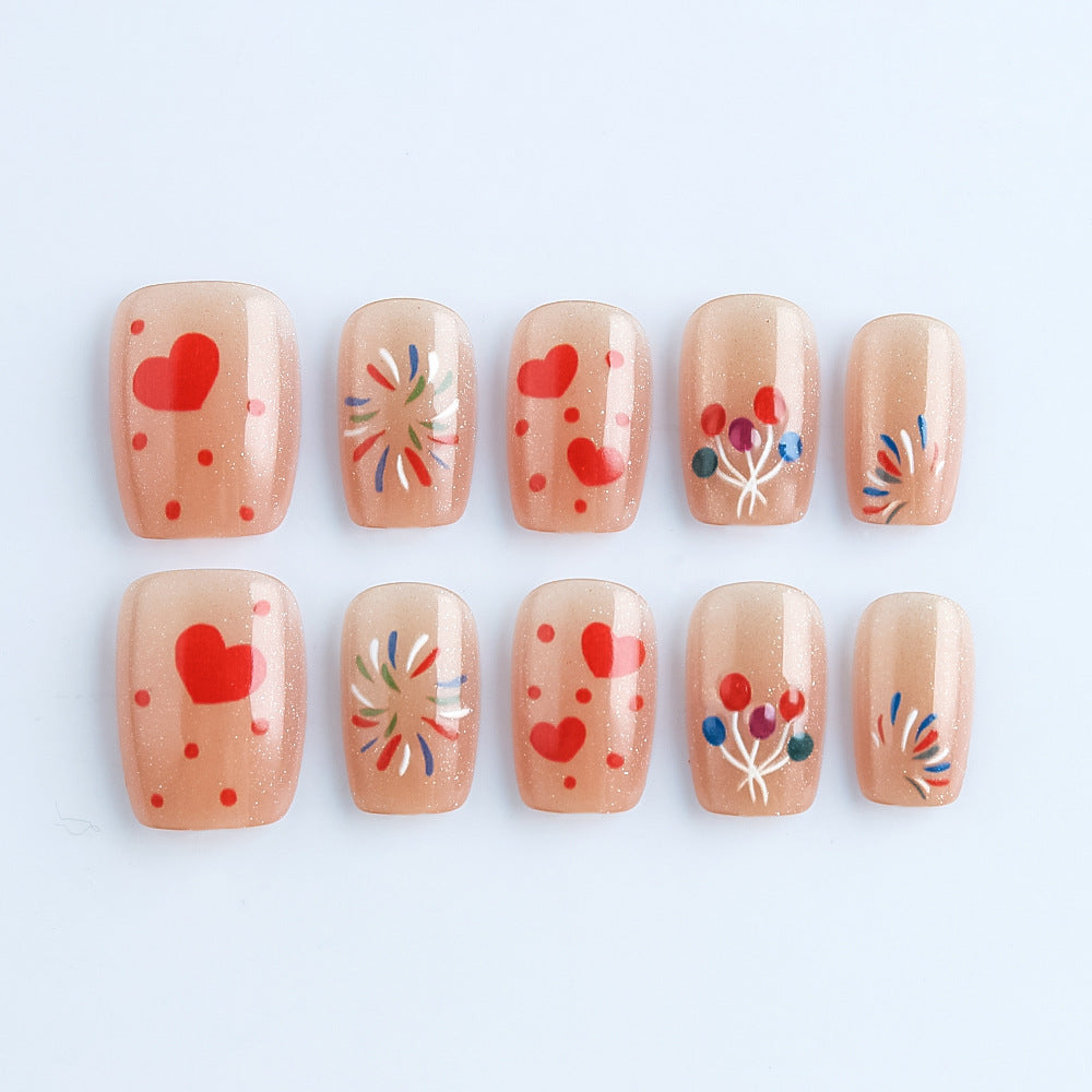 Festive Flair Short Square Beige Red Heart and Balloon Nail Set with Sparkling Accents