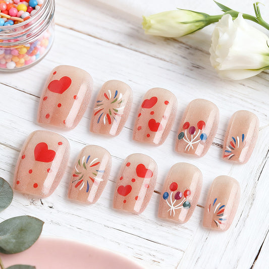 Sweet Celebration Short Square Beige with Colorful Hearts and Festive Designs Press-On Nail Set