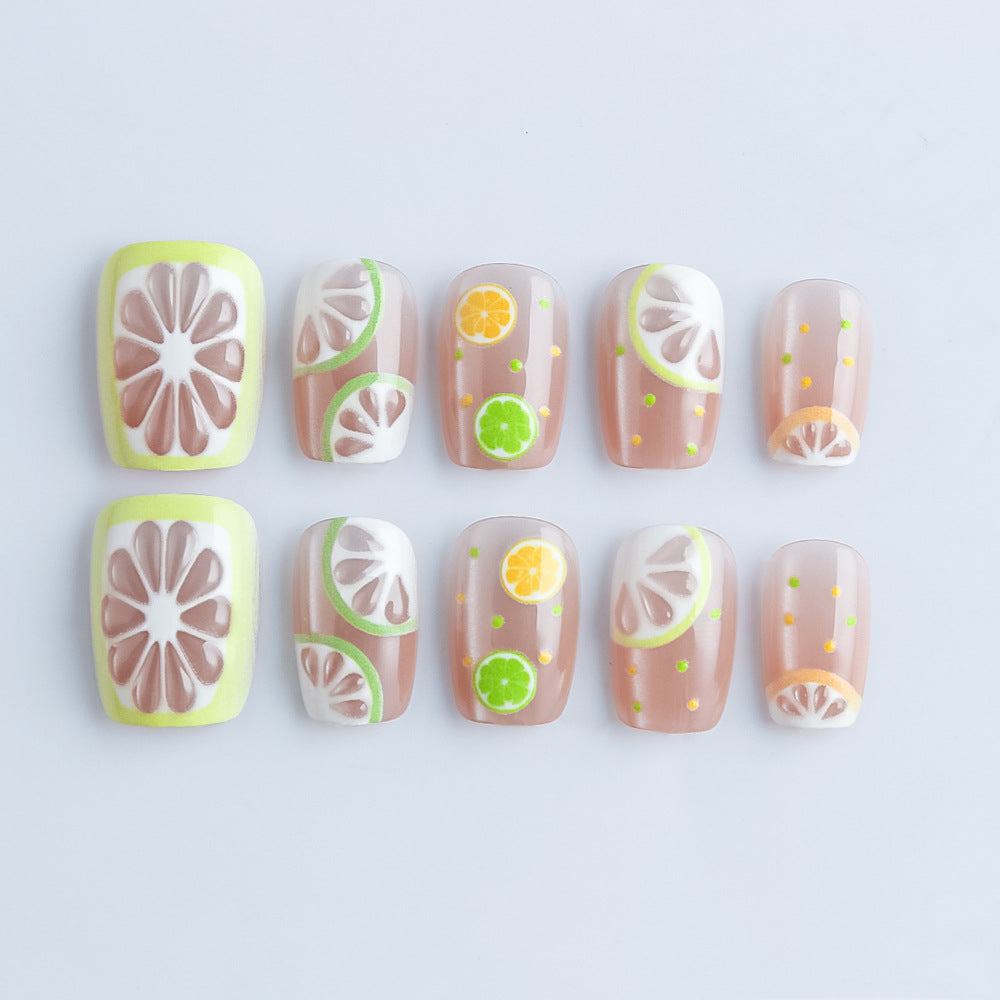 Citrus Delight Short Square Press-On Nail Set in Clear Pink with Fun Citrus Slices and Dots