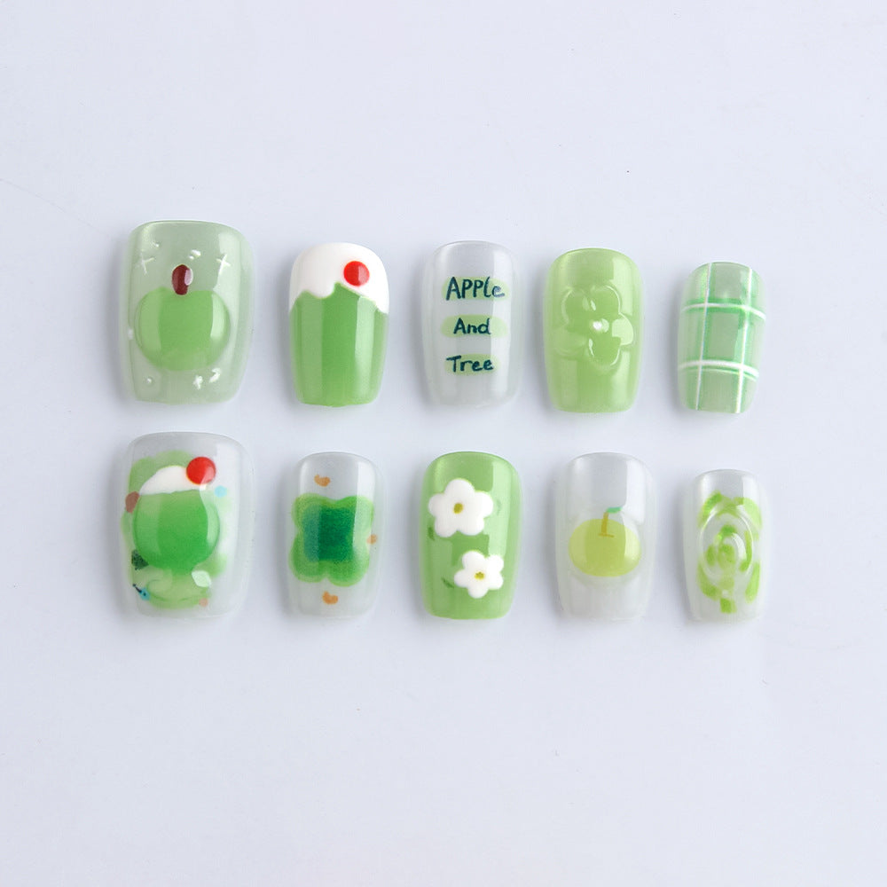Garden Oasis Medium Square Green Press on Nail Set with Whimsical Fruit and Floral Designs