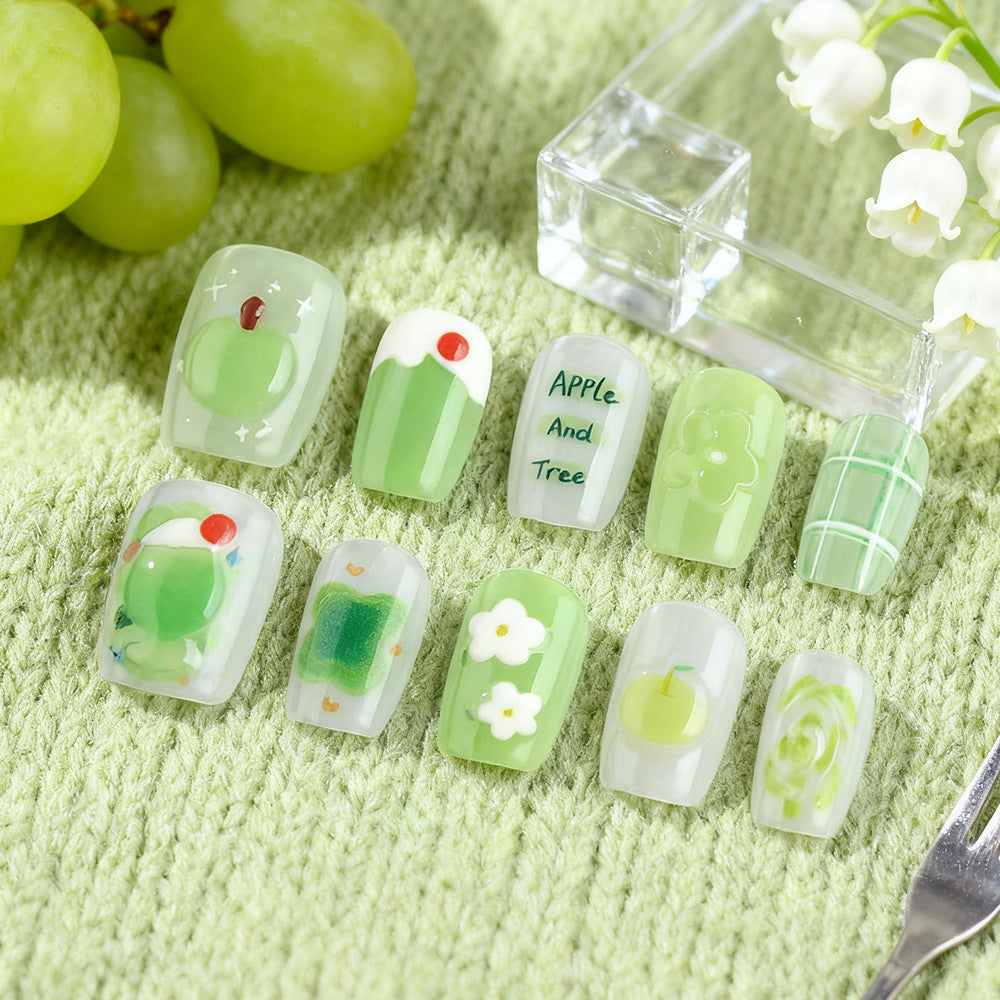 Fresh Orchard Delight Green Medium Coffin Tips with Whimsical Fruit and Floral Designs