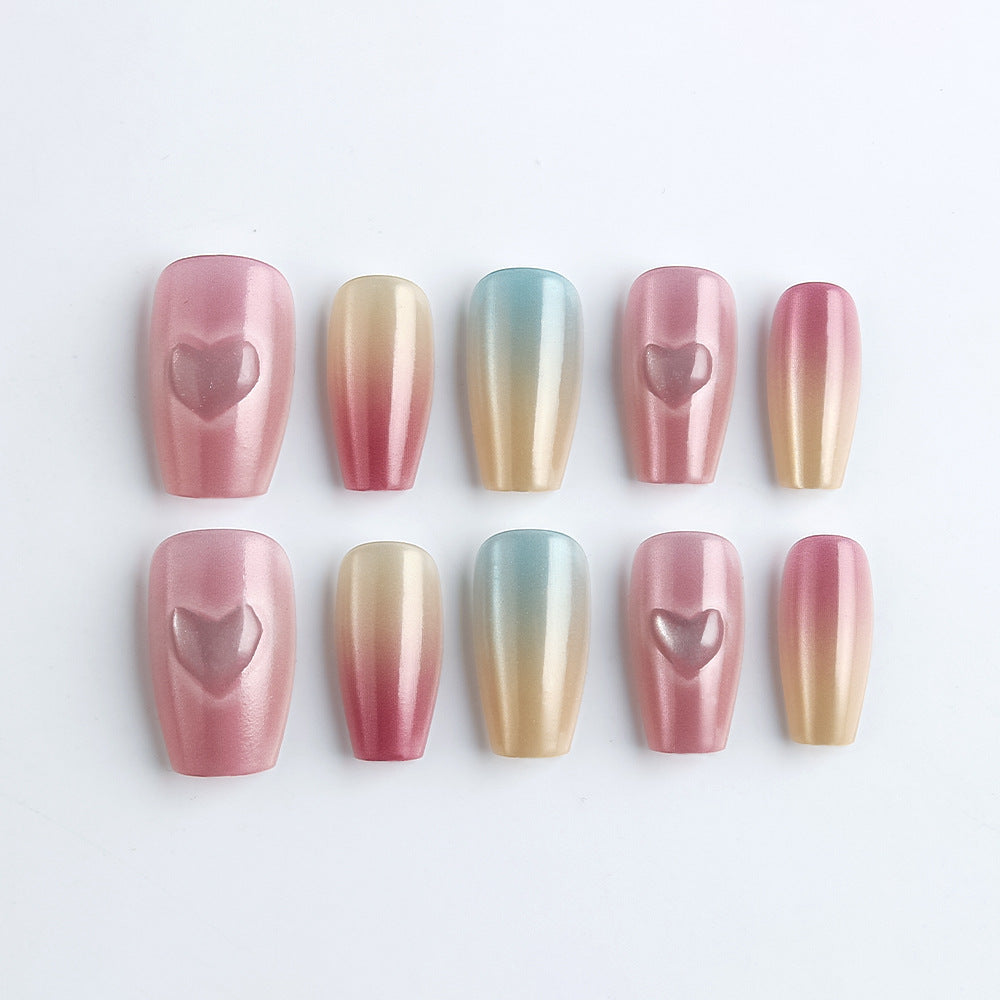 Romantic Embrace Elegant Long Coffin Gradient Pink and Gold Press On Nail Set with Heart Design