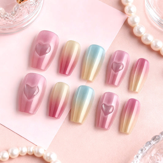 Charming Romance Long Coffin Pink and Blue Ombre Press On Nail Set with Heart Accent