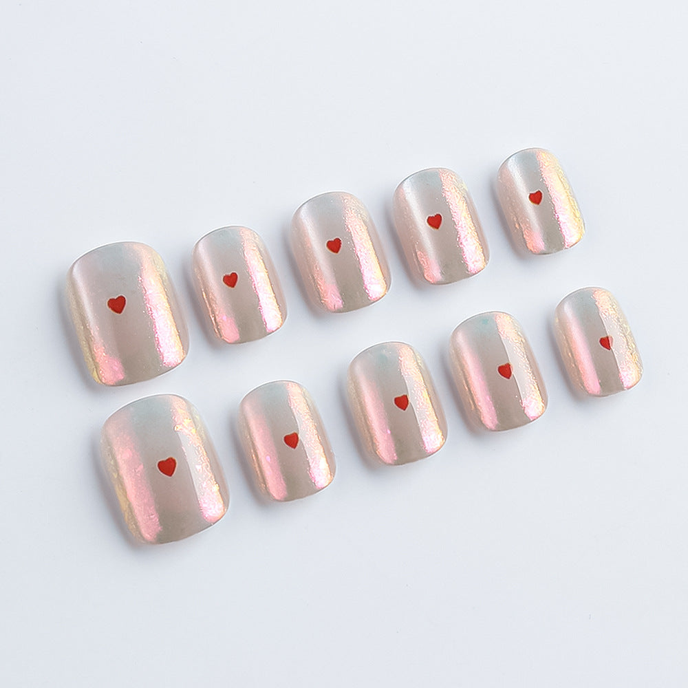 Romantic Delight Short Square Iridescent Pink with Heart Accents Press-On Nail Set