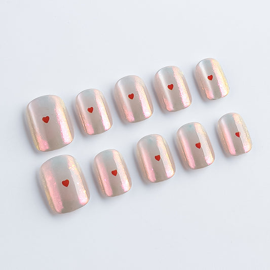 Romantic Delight Short Square Iridescent Pink with Heart Accents Press-On Nail Set