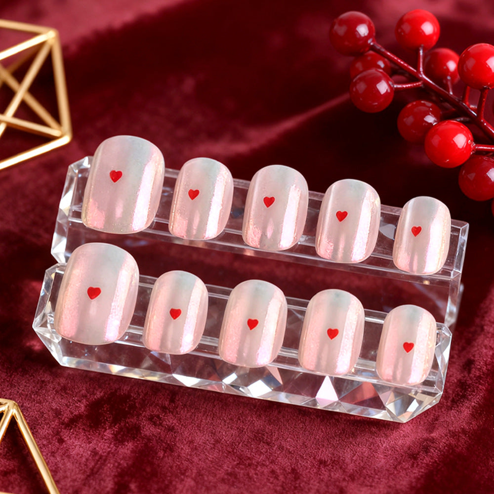 Romantic Elegance Short Square Shimmering Pink Press On Nail Set with Charming Red Hearts