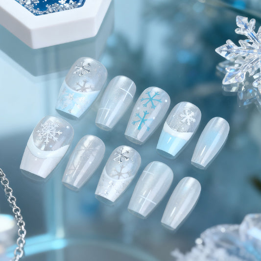 Winter Wonderland Dreamy Medium Coffin Blue Frosted Nail Set with Stunning Snowflake Designs