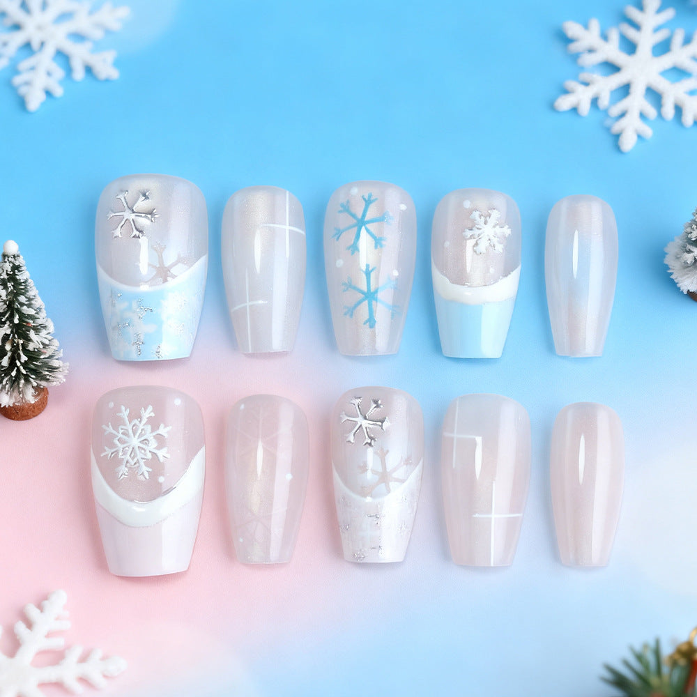 Winter Wonderland Frosted Medium Coffin Press-On Nails in Icy Blue with Snowflake Accents