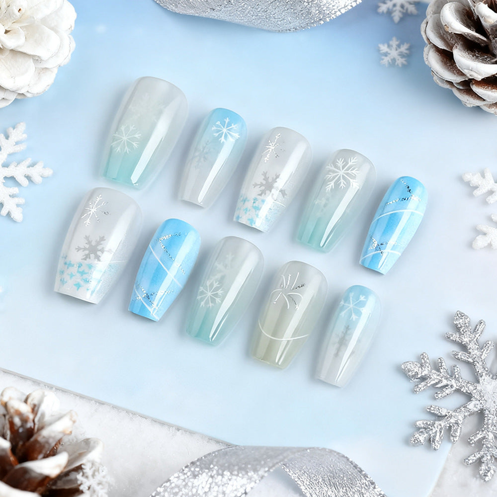 Winter Wonderland Sleek Medium Coffin Blue and Frosted Gradient Nail Set with Sparkling Snowflake Art