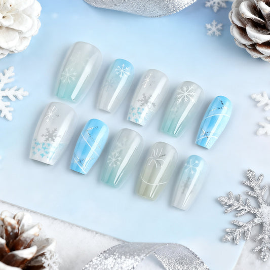 Winter Wonderland Sleek Medium Coffin Blue and Frosted Gradient Nail Set with Sparkling Snowflake Art