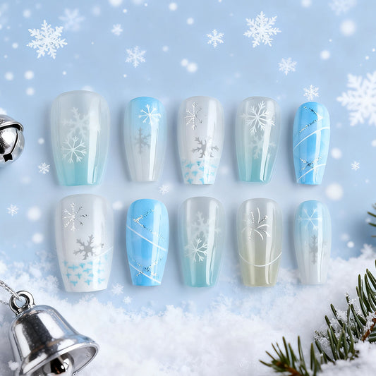 Winter Wonderland Dreamy Long Coffin Light Blue and Clear Nail Set with Sparkling Snowflake Accents