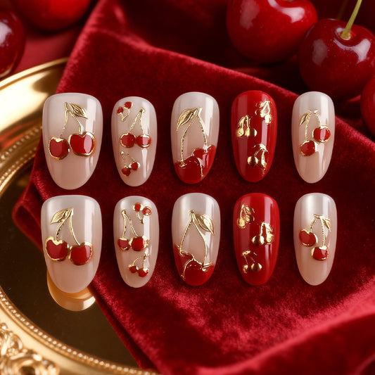 Cherry Blossom Delight Glossy Medium Almond Red and Beige Nail Set with Elegant Gold Detailing