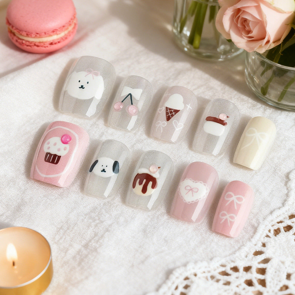 Sweet Delightful Pastel Medium Square Glossy Nail Set with Charming Cupcake and Puppy Designs