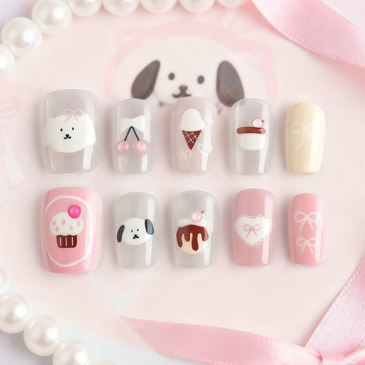 Sweet Delights Medium Square Pink with Adorable Dessert and Pet Designs Press on Nail Set