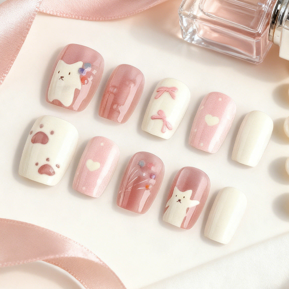 Whimsical Cat Paradise Medium Square Pink and Cream Press on Nail Set with Adorable Animal Prints