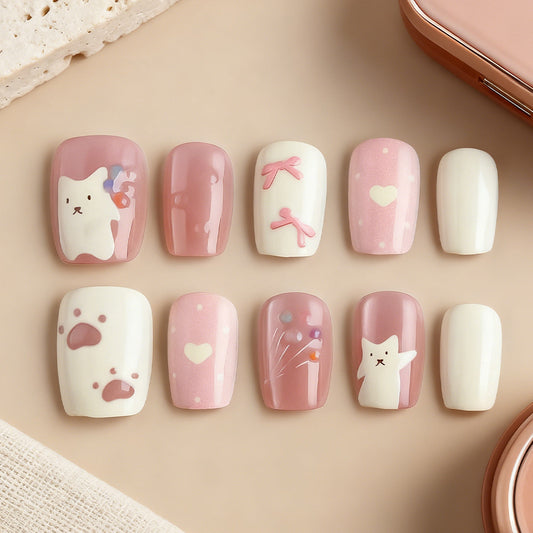 Cozy Cat Theme Short Square Pink and Cream Press-On Nail Set with Adorable Kawaii Designs