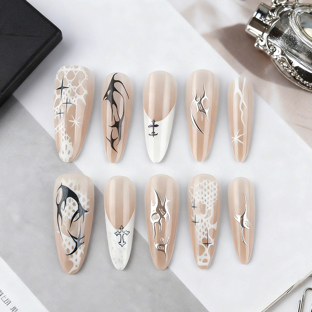 Artistic Elegance Long Almond Beige with Intricate Black and White Designs Press On Nail Set
