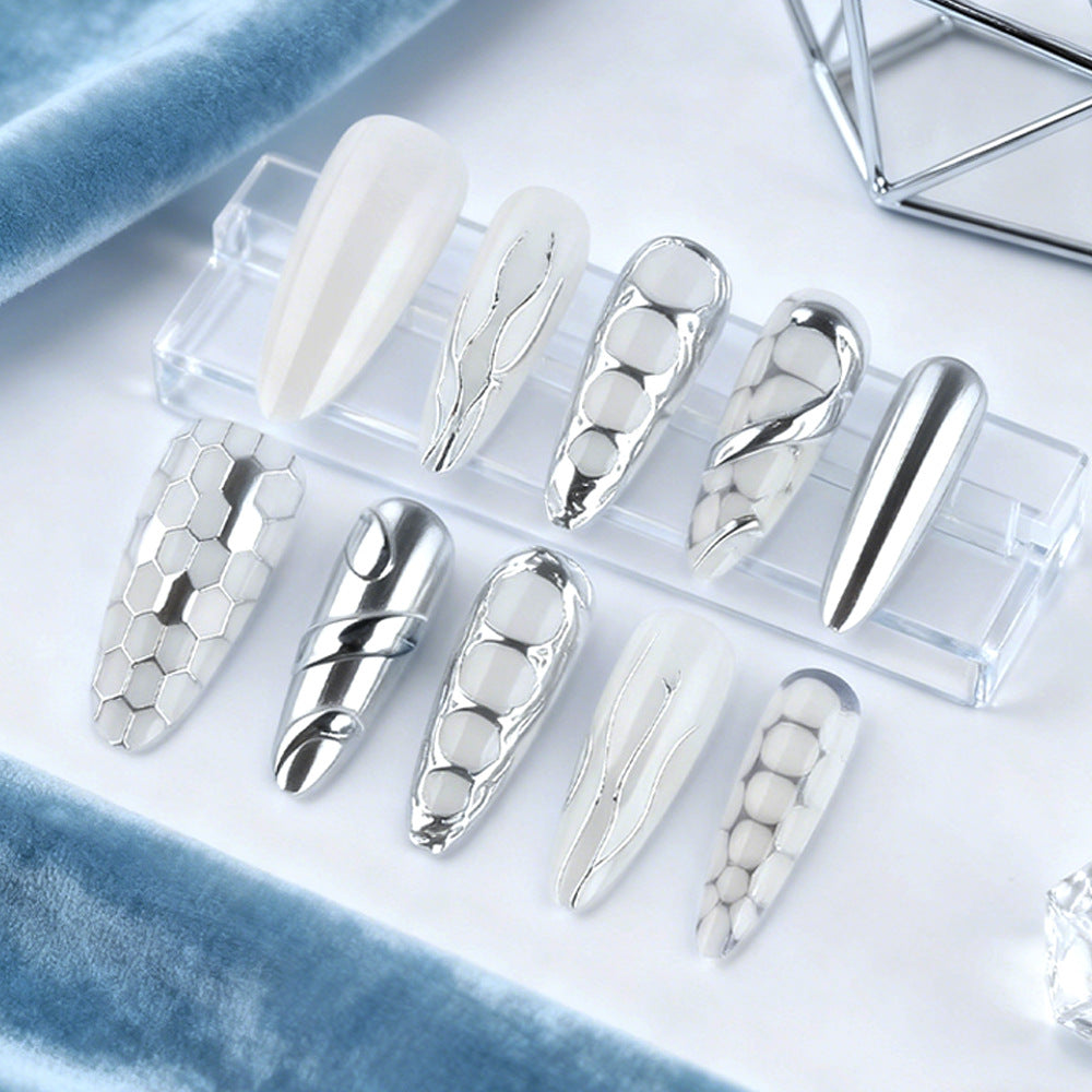 Glamorous Shimmering Long Almond Press On Nail Set in Elegant White and Silver with Unique Textured Designs