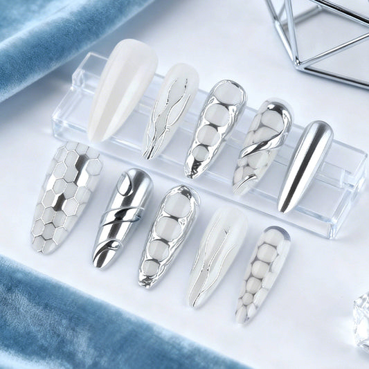 Glamorous Shimmering Long Almond Press On Nail Set in Elegant White and Silver with Unique Textured Designs