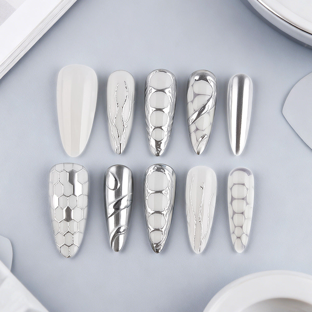 Celestial Elegance Long Stiletto Silver and White Press On Nail Set with Unique Textured Designs