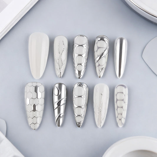 Celestial Elegance Long Stiletto Silver and White Press On Nail Set with Unique Textured Designs