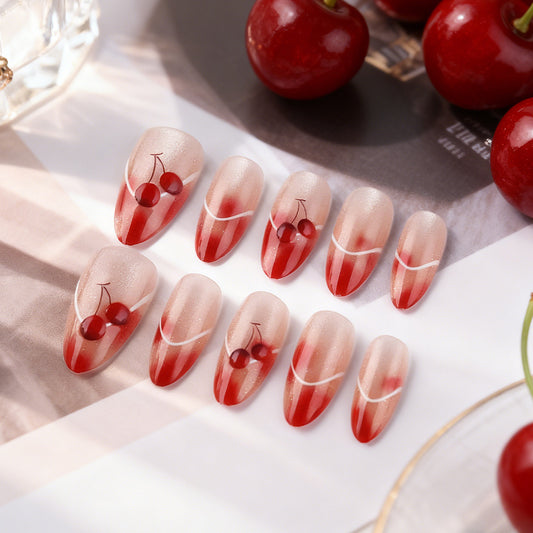 Cherry Blossom Delight Press On Nail Set in Long Almond Shape Transparent Red with Glittering Cherry Design