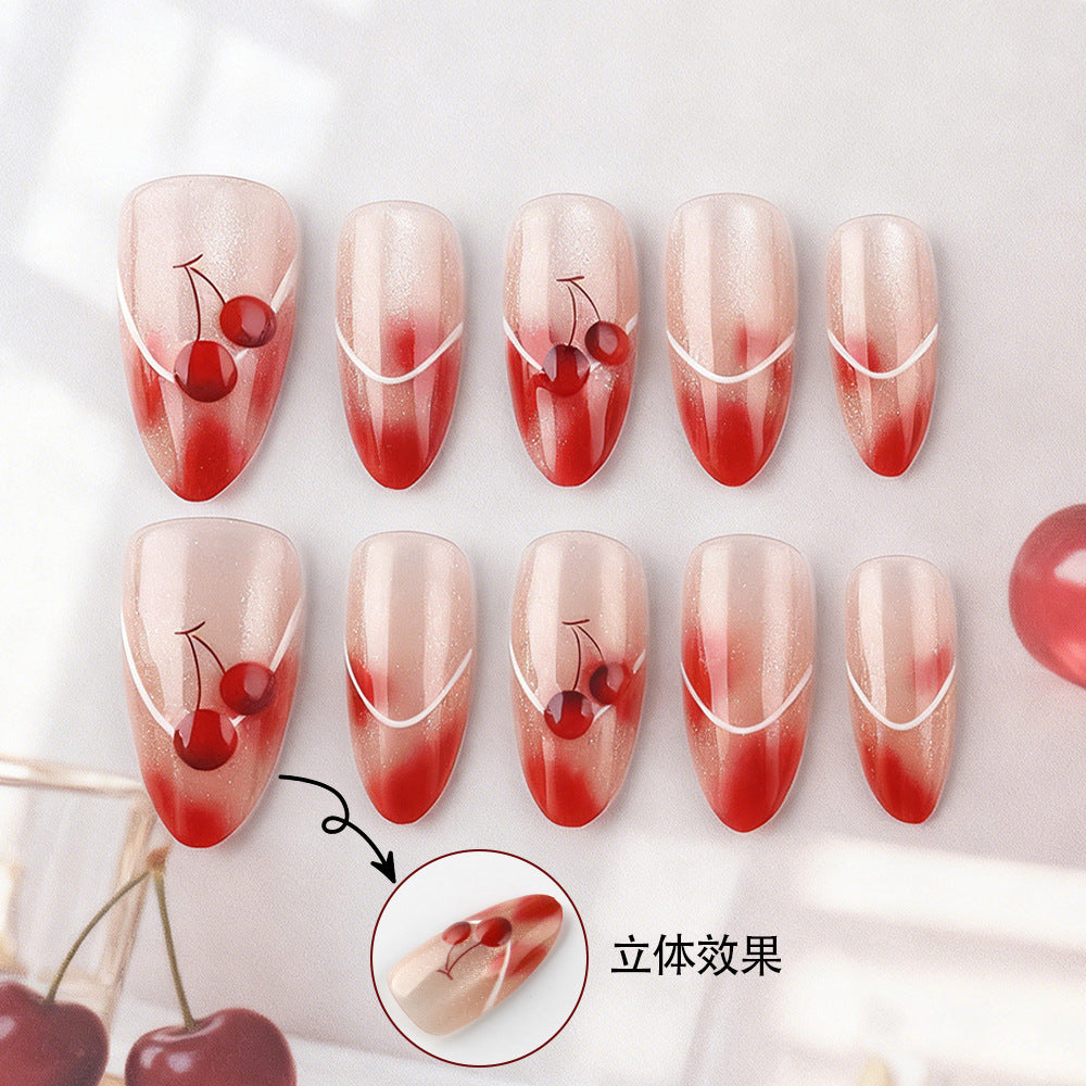 Sweet Cherry Blossom Press On Nail Set in Long Almond Red Gradient with Artistic Cherry Design