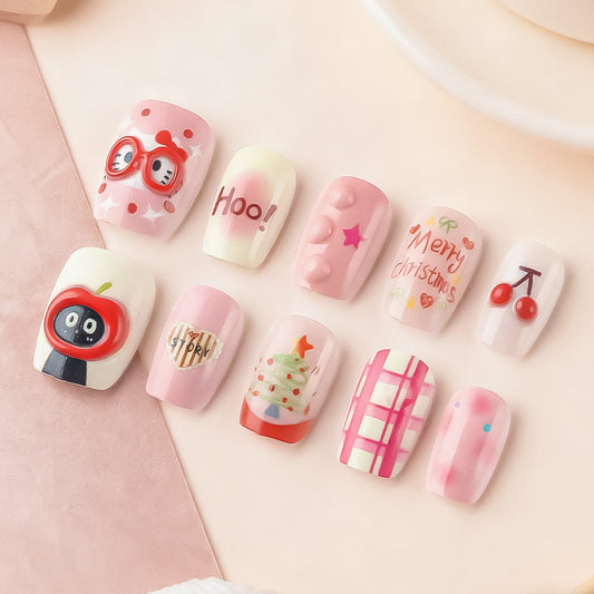Whimsical Wonderland Press-On Nail Set Short Square Pink Festive Designs and Playful Character Accents