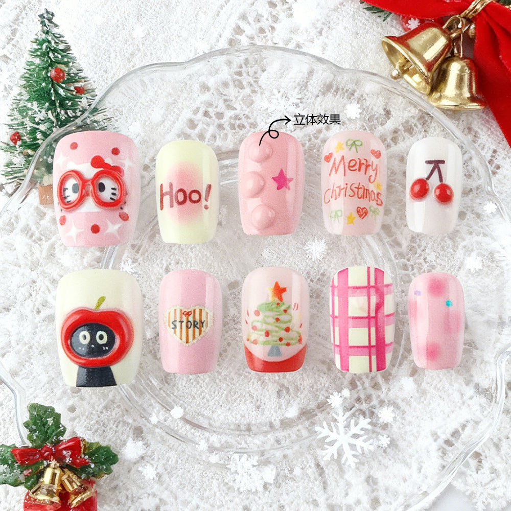 Festive Charm Short Square Pink Nail Set with Whimsical Decorations and Textured Accents
