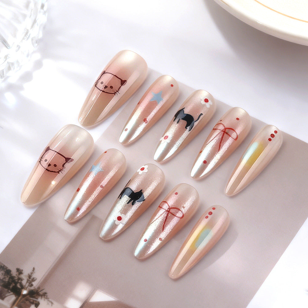 Whimsical Feline Delight Long Almond Shaped Translucent Pink with Playful Cat Designs