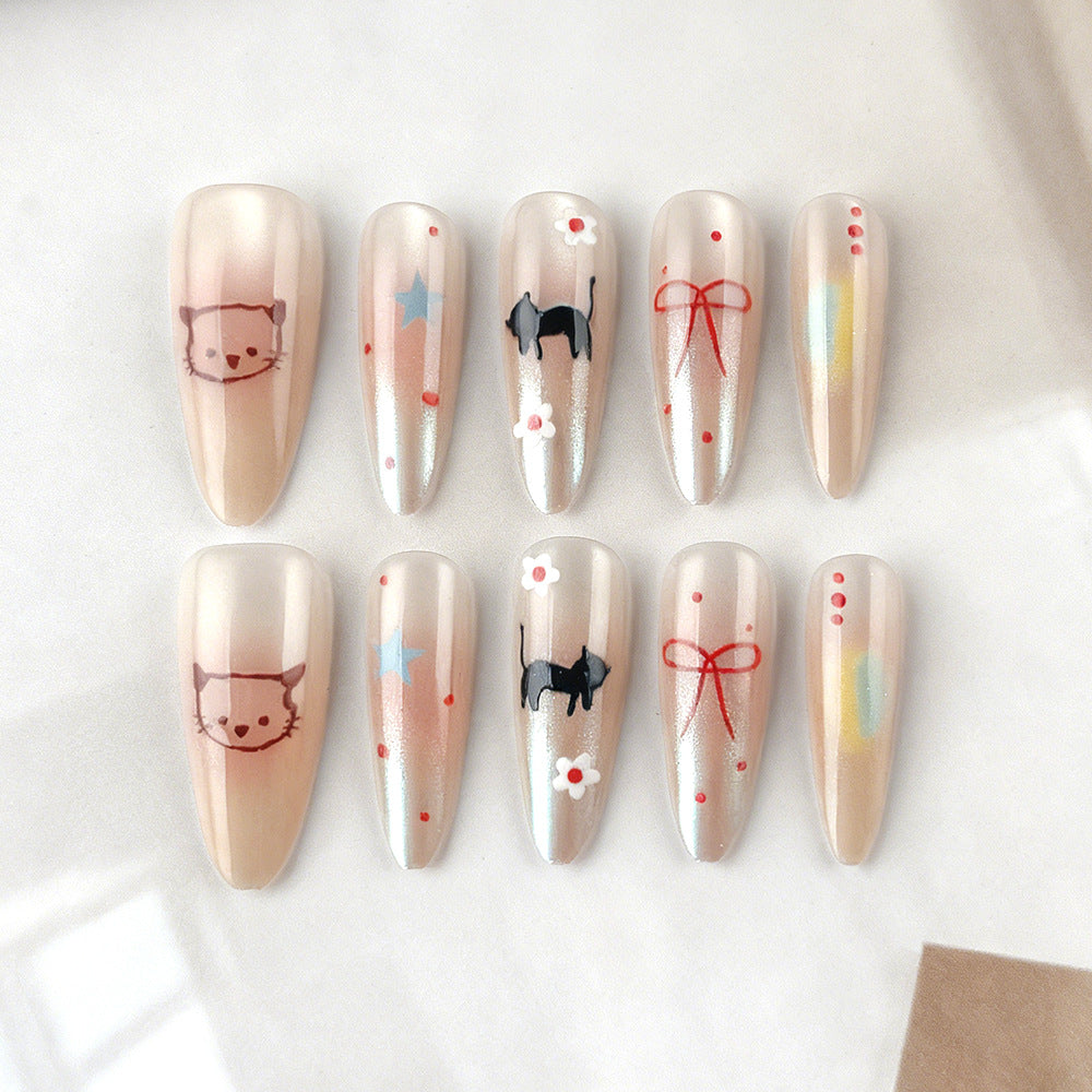 Whimsical Charm Long Almond Beige with Cute Pet Illustrations and Glitter Accents Press-On Nail Set
