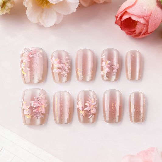 Blossom Dreams Short Square Pink Press On Nail Set with Floral Accents and Glitter Finish