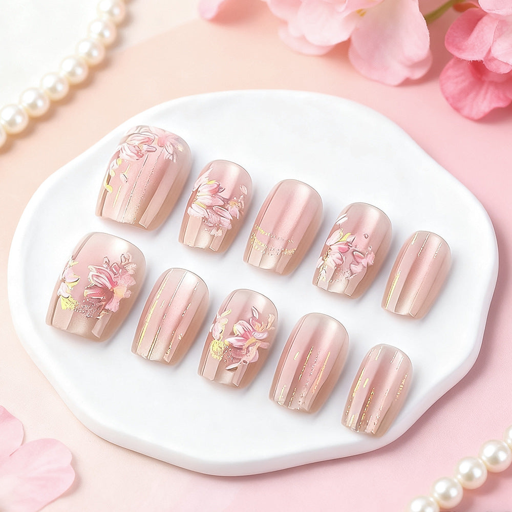 Blossom Elegance Short Square Pink Ombré Design with Floral Accents Press-On Nail Set