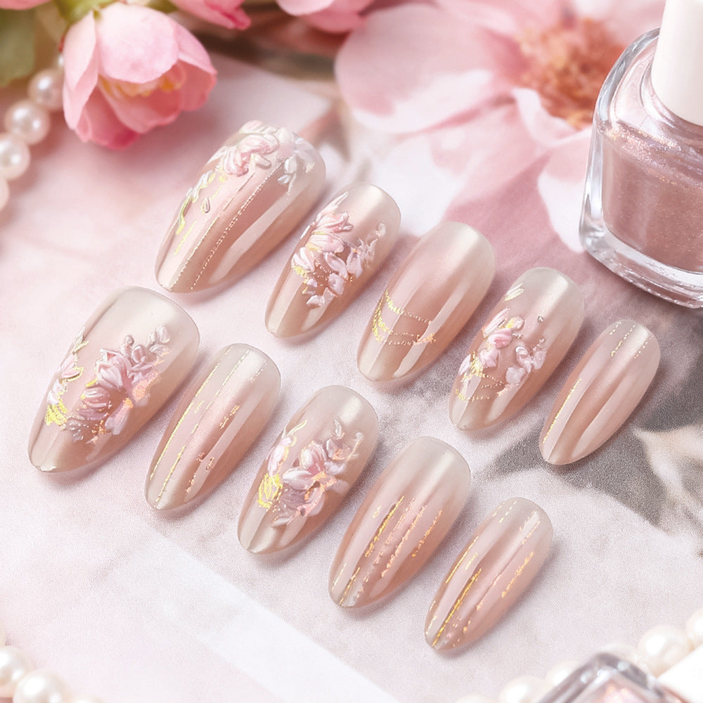 Blossom Dreams Elegant Medium Almond Shaped Natural Beige Nail Set with Floral Accents